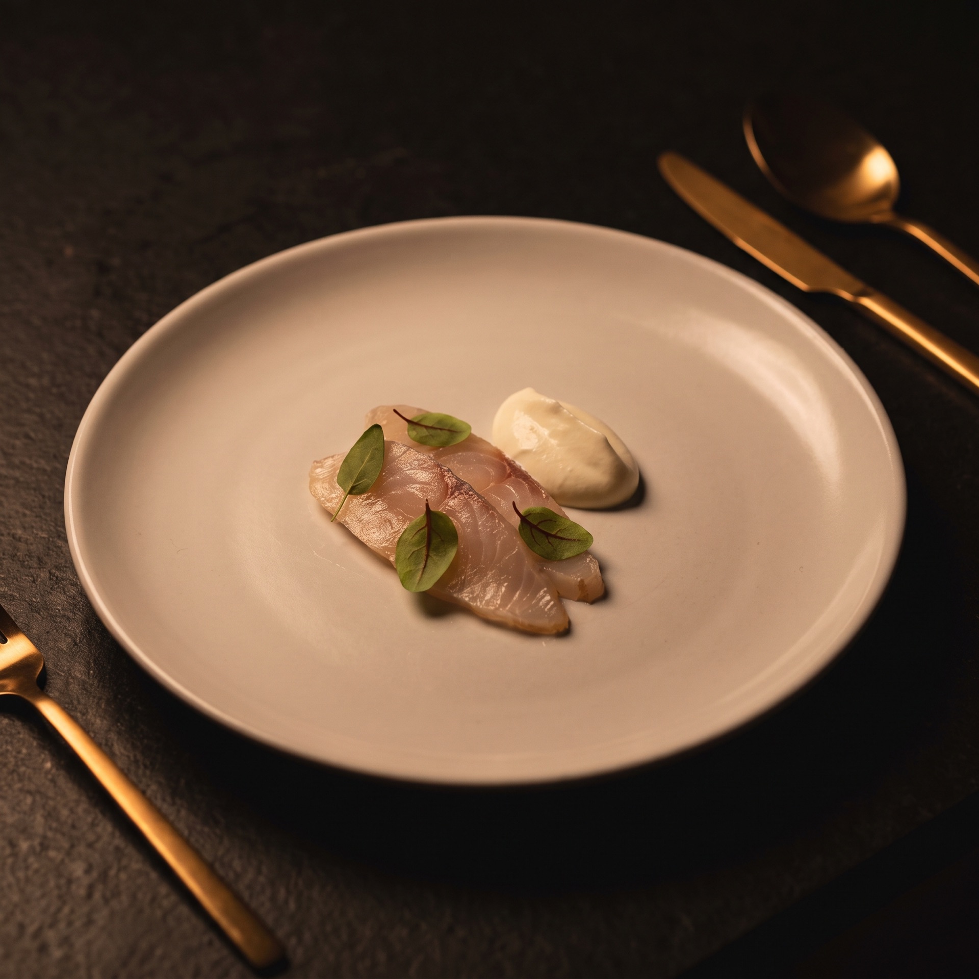 Crudo de féra du Léman, crème crue et feuilles d'oseille sur céramique pâle