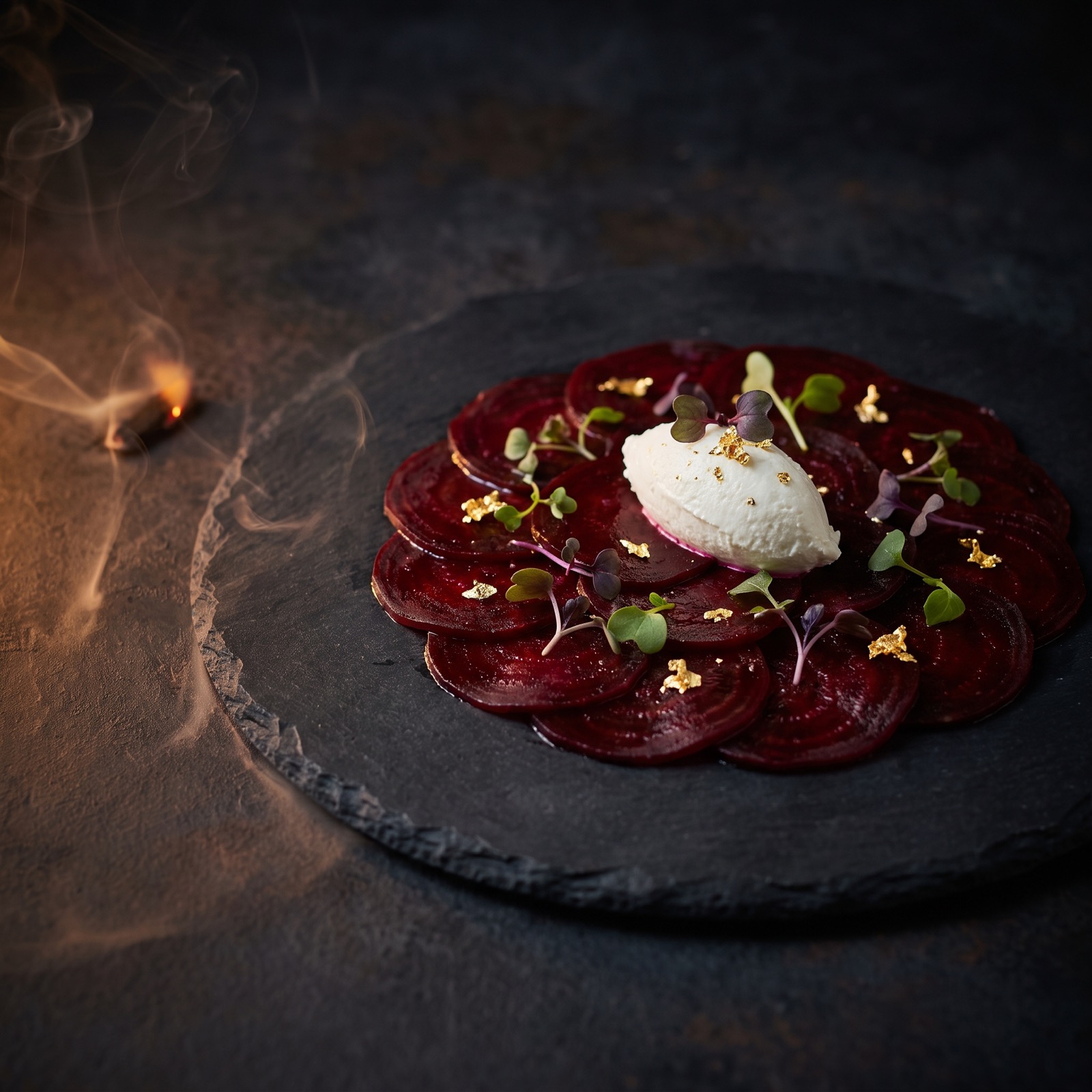 Carpaccio de betterave fumée, chèvre frais et jeunes pousses sur ardoise