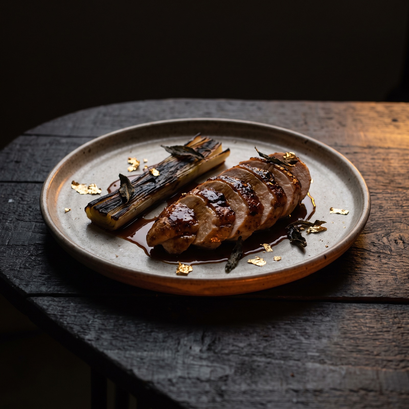 Volaille à la braise, jus corsé et poireau brûlé sur grès